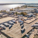 Overhead view of parking lot with water